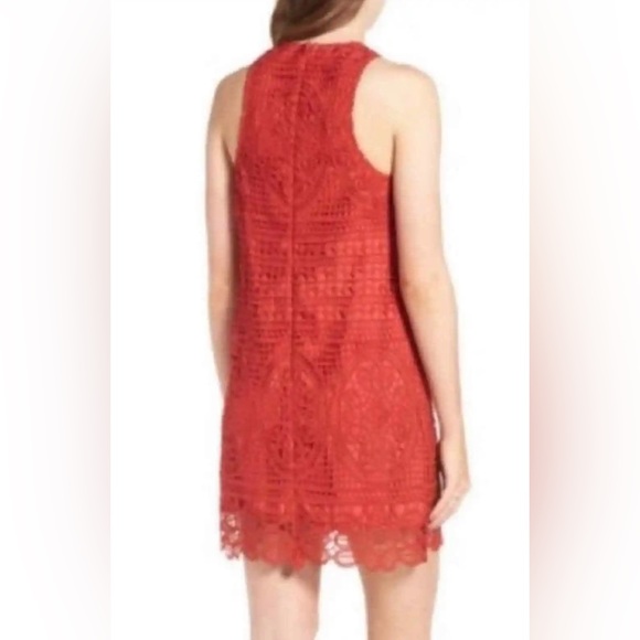 Revolve| Lovers + Friends Warm Red Sleeveless Crochet Lace Mini Shift Dress - Picture 7 of 11